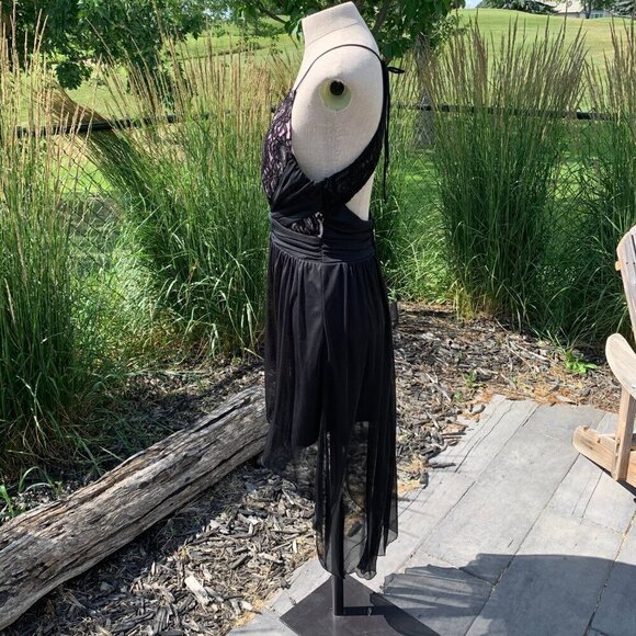Y2K Whimsigoth Fairy Halter Dress Black Sheer Chiffon Lace High Low Hem - Picture 5 of 9